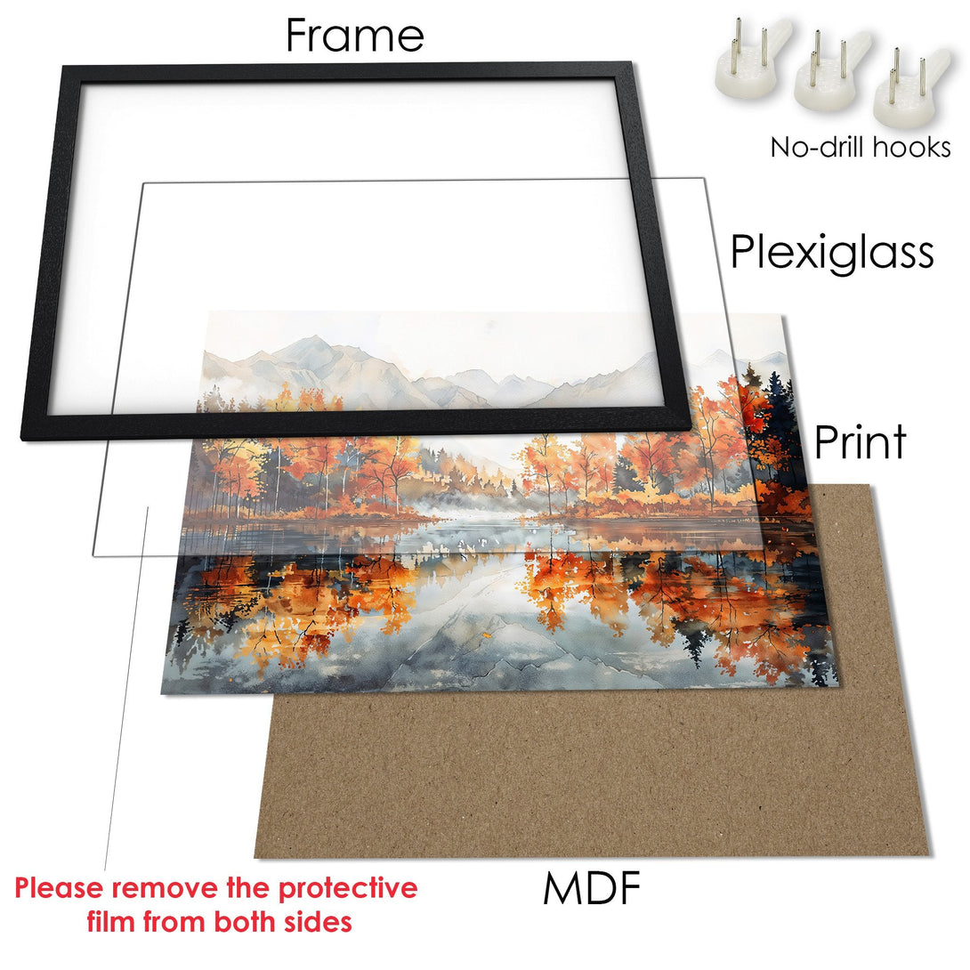 Framed Poster: Watercolor landscape art print with autumn colors. Perfect wall decor for any room.