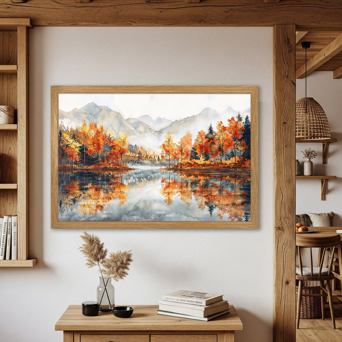 Framed Poster featuring a watercolor landscape with autumn trees, mountains, and a lake. Warm orange, yellow, and blue color palette.