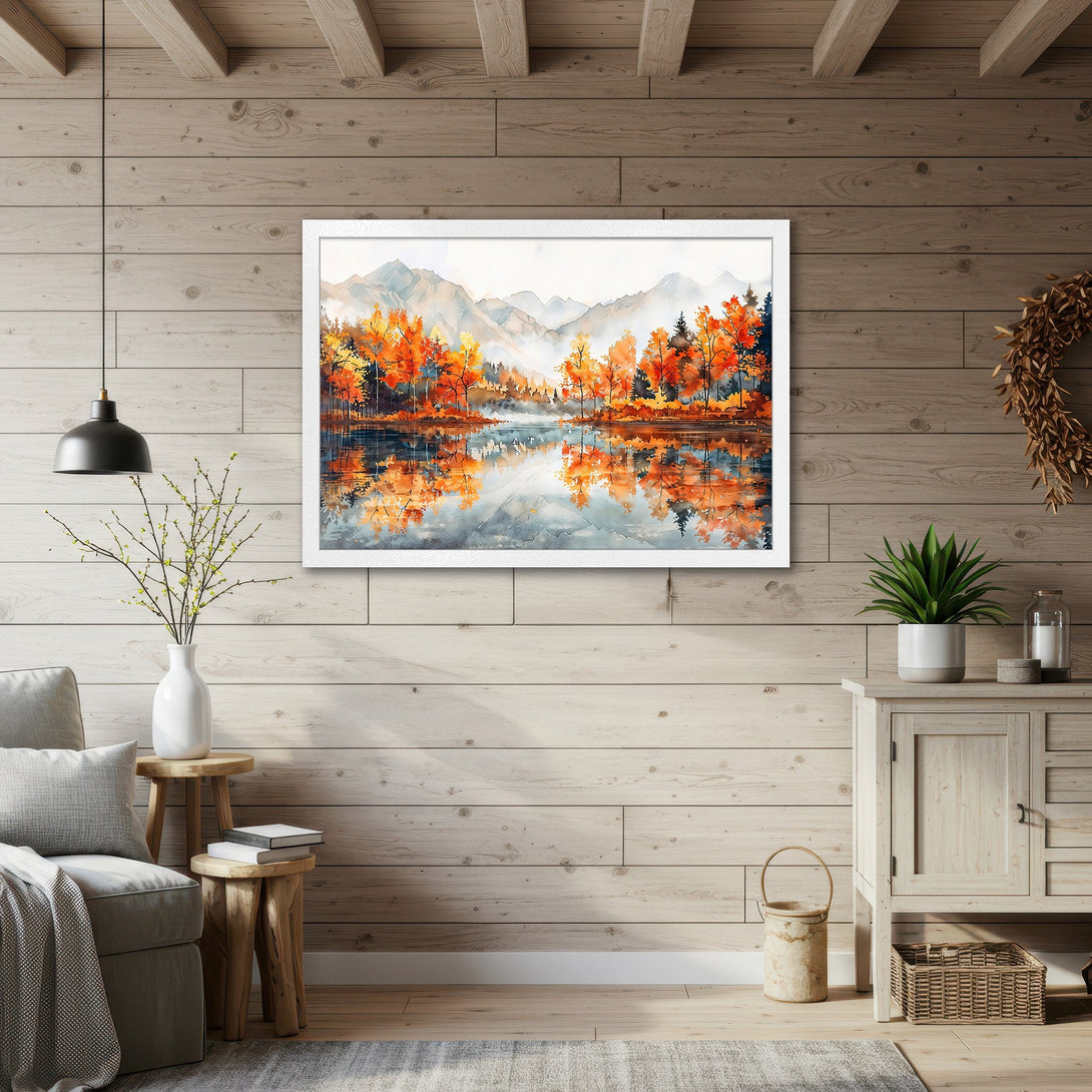 Framed Poster of a watercolor autumn landscape with vibrant orange and red trees, mountains, and a lake. Perfect wall art!