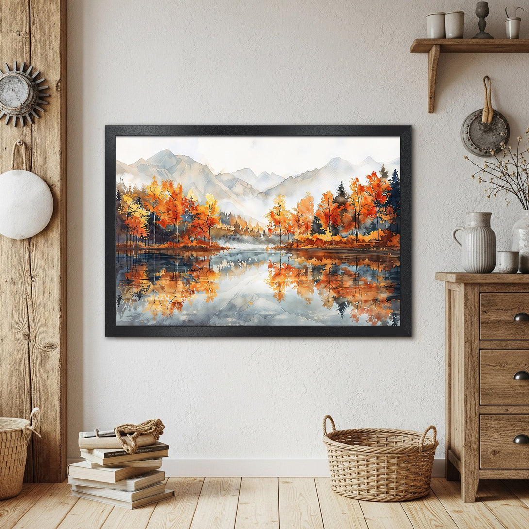 Framed Poster of a watercolor landscape. Autumn scene with orange, blue, and gray hues. Perfect wall art for your home.
