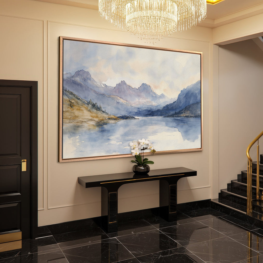 Framed Wall Art: Watercolor landscape Canvas Print in blue and beige tones, perfect for adding elegance to your home decor.
