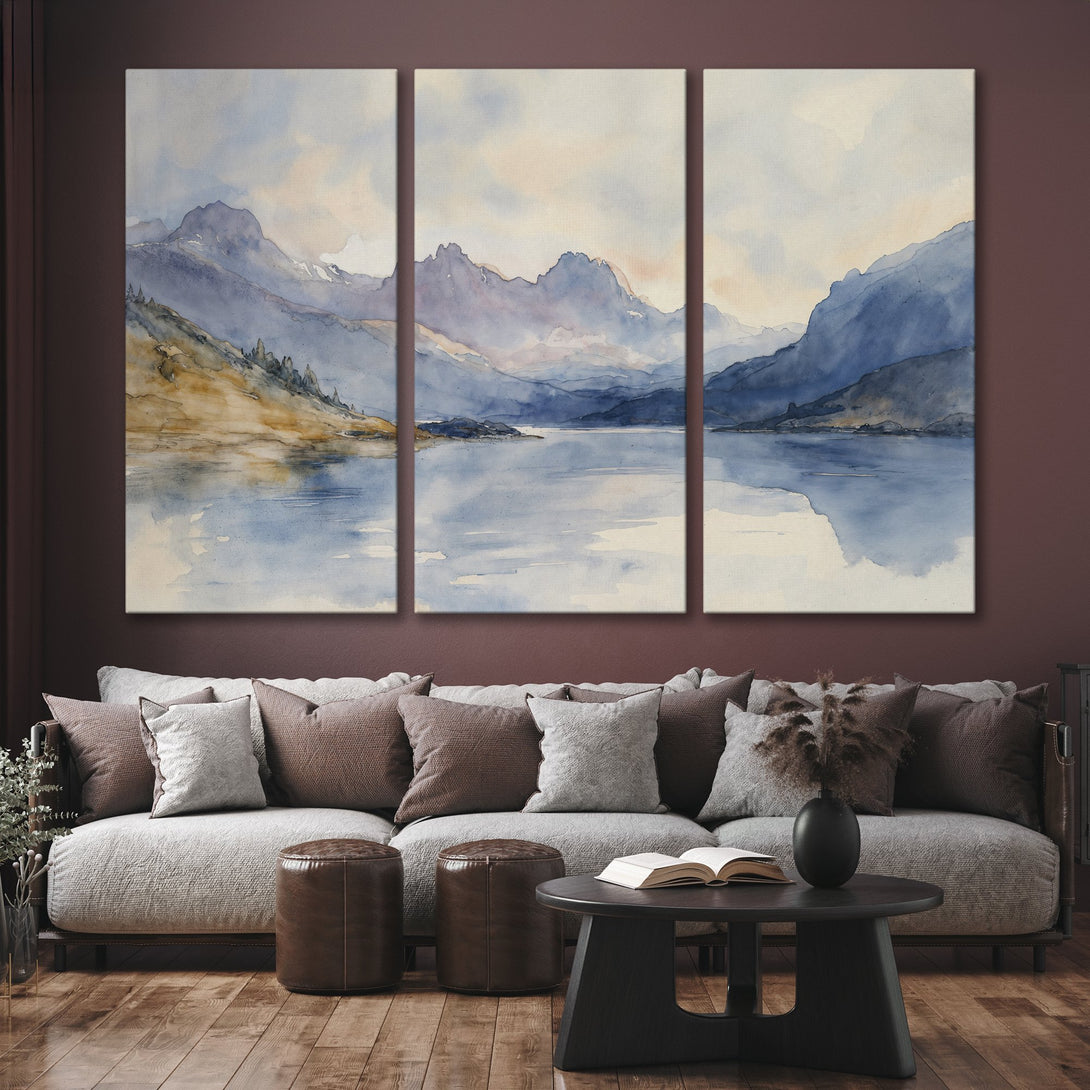 Canvas Print: Watercolor landscape art of mountains and lake in blue and beige hues. Perfect for living room decor.