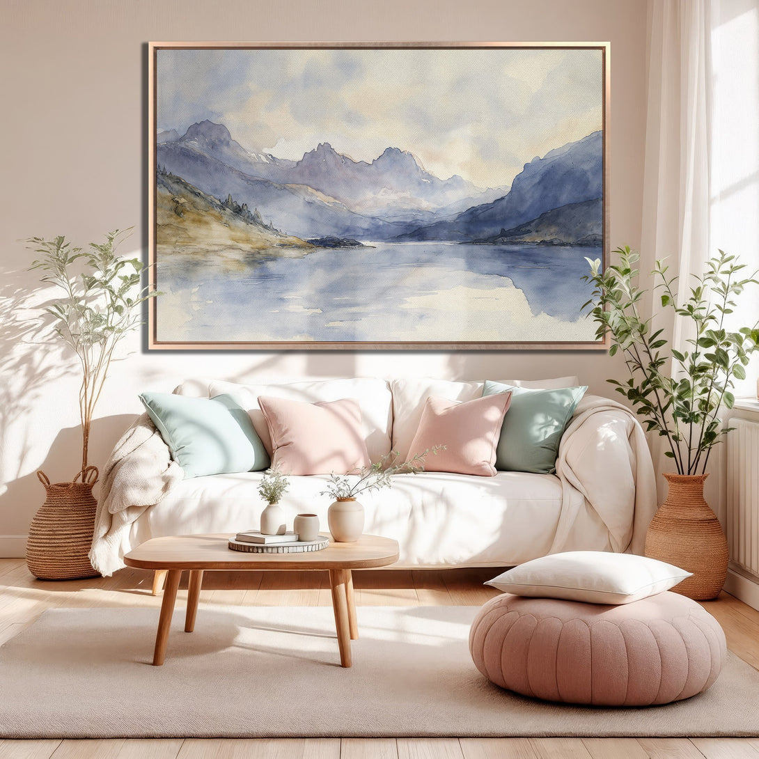 Framed Wall Art of a serene watercolor landscape in blue and neutral tones, perfect for adding a touch of calm to any space.