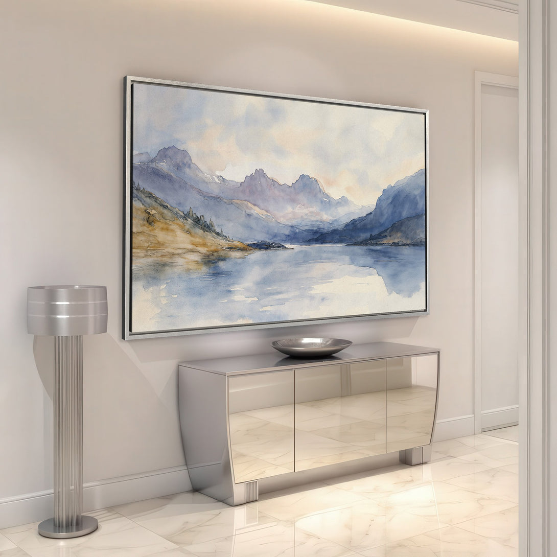 Framed Wall Art of a serene watercolor landscape in blue and beige tones, perfect for adding a touch of tranquility to any space.