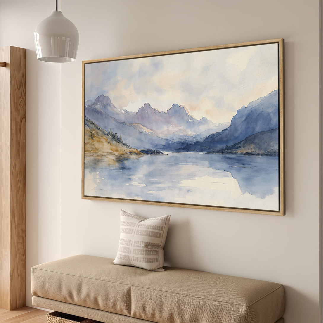 Framed Wall Art: Watercolor landscape Canvas Print with blue and neutral tones. Perfect for serene home decor. Shop now!