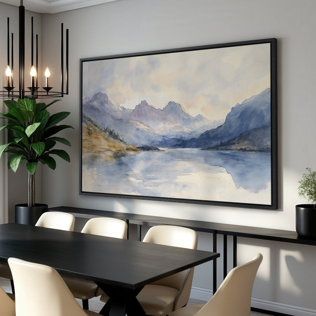 Framed Wall Art: Watercolor landscape Canvas Print in blue and neutral tones. Perfect for adding a touch of serenity to your dining room decor.