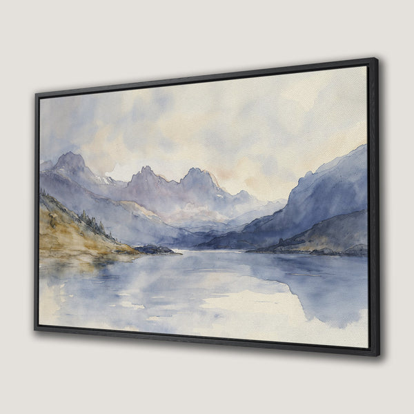 Framed Wall Art Canvas Print of a watercolor mountain landscape in cool blue and neutral tones. Perfect for adding serenity to your home!