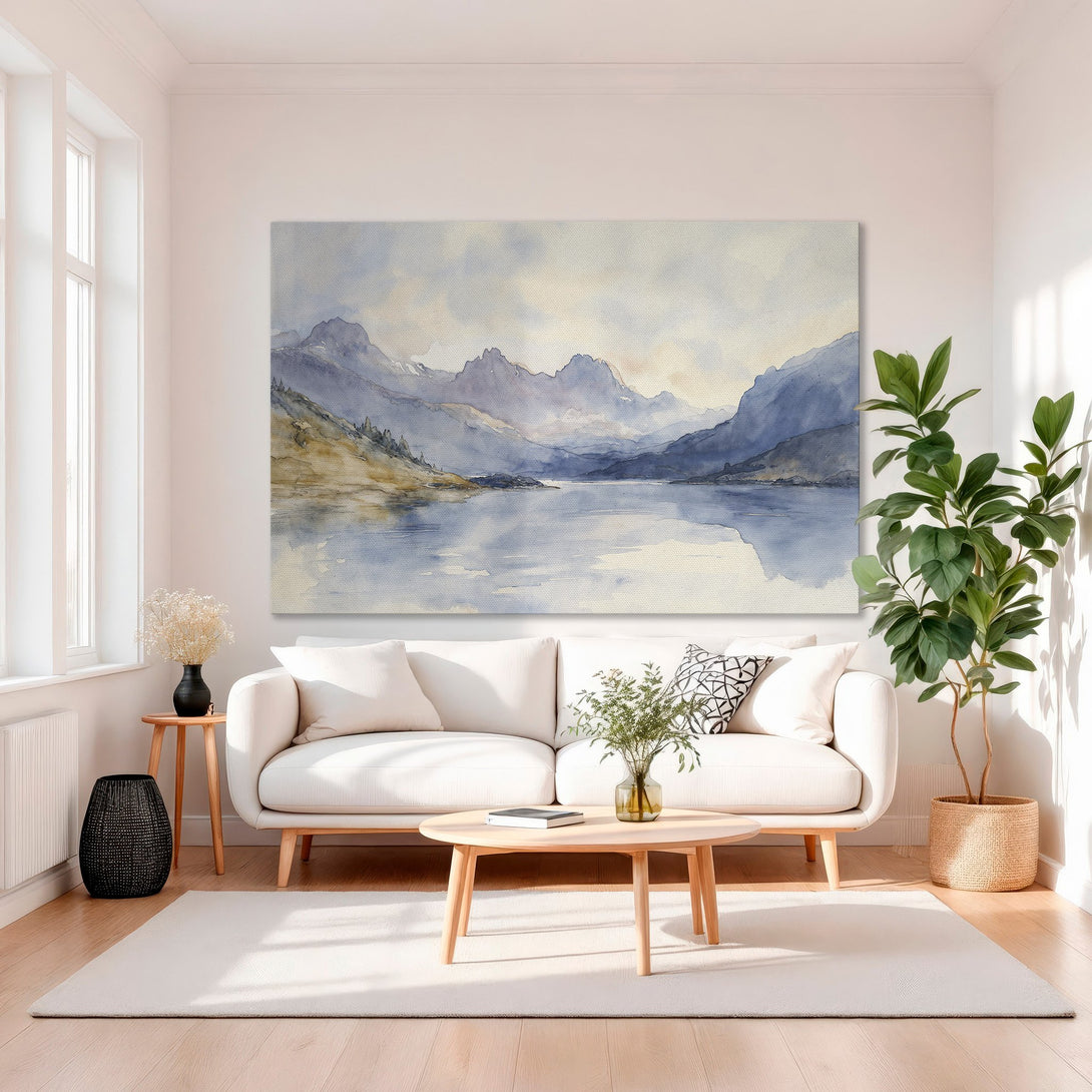 Framed Wall Art: Watercolor landscape Canvas Print in blue and gold tones. Enhance your home decor with this elegant artwork.