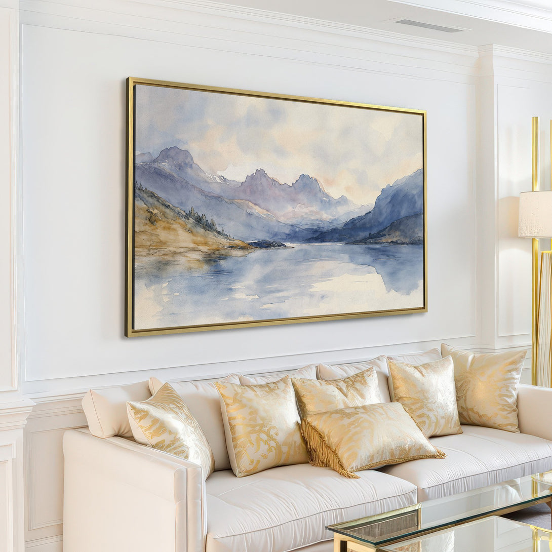 Canvas Print of a serene watercolor landscape painting in a modern living room. Features a cool blue and neutral color palette, perfect for home decor.