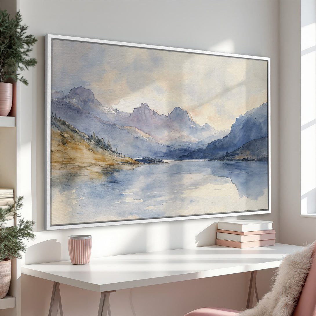 Framed Wall Art: Watercolor landscape print with mountains and lake in calming blue and beige tones. Perfect for adding serene style to any space.