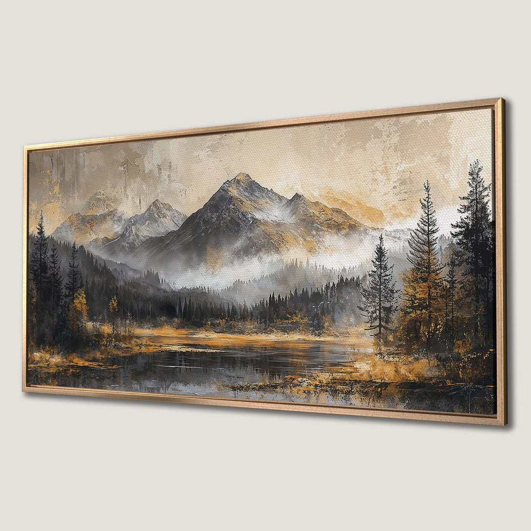 Framed Wall Art: Mountain landscape Canvas Print in muted gold, gray, and black tones. Perfect for adding a touch of nature-inspired elegance to your home.