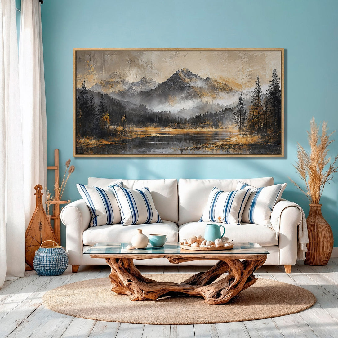 Framed Wall Art: Mountain landscape Canvas Print in neutral tones. Perfect for adding a touch of nature and serenity to your home decor.