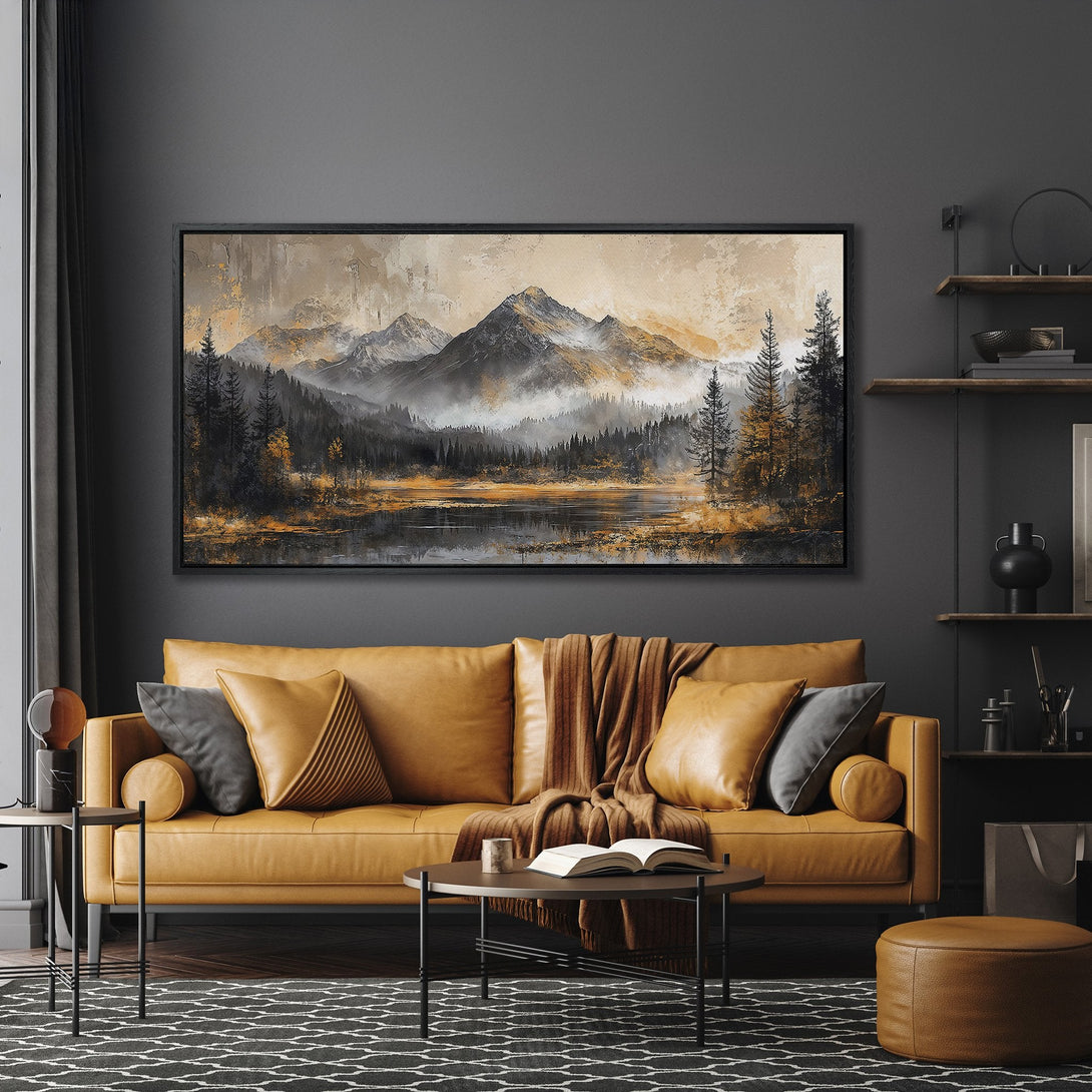 Framed Wall Art: Mountain landscape canvas print in a modern living room. Features a moody, neutral color palette with gold accents. Perfect for home decor.