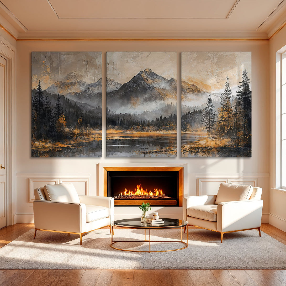 Canvas Print triptych of a mountain landscape in neutral tones. Modern art for home decor, featuring gold, gray, and beige hues.