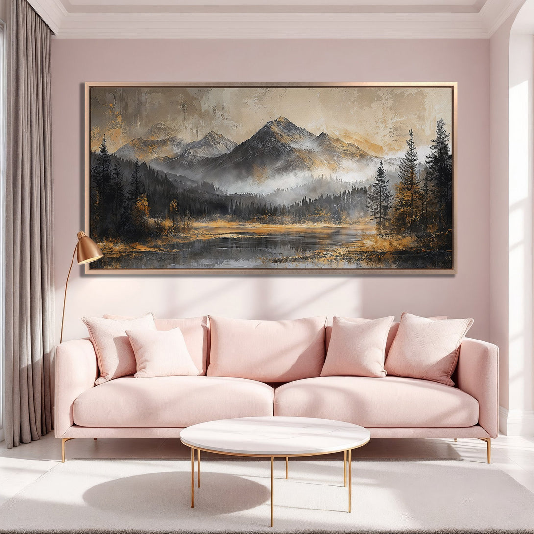 Framed Wall Art: Serene mountain landscape in neutral tones with gold accents. Perfect for adding a touch of nature-inspired elegance to your home.