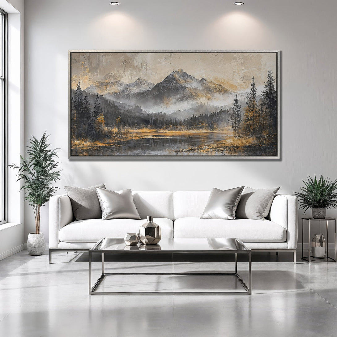 Framed Wall Art: Mountain landscape in neutral tones, perfect for modern decor. Adds a touch of nature with its gold, gray, and black palette.