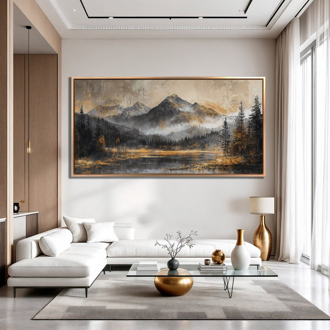 Framed Wall Art: Stunning mountain landscape canvas print in a modern interior. Features a neutral color palette with gold accents. Elevate your space!