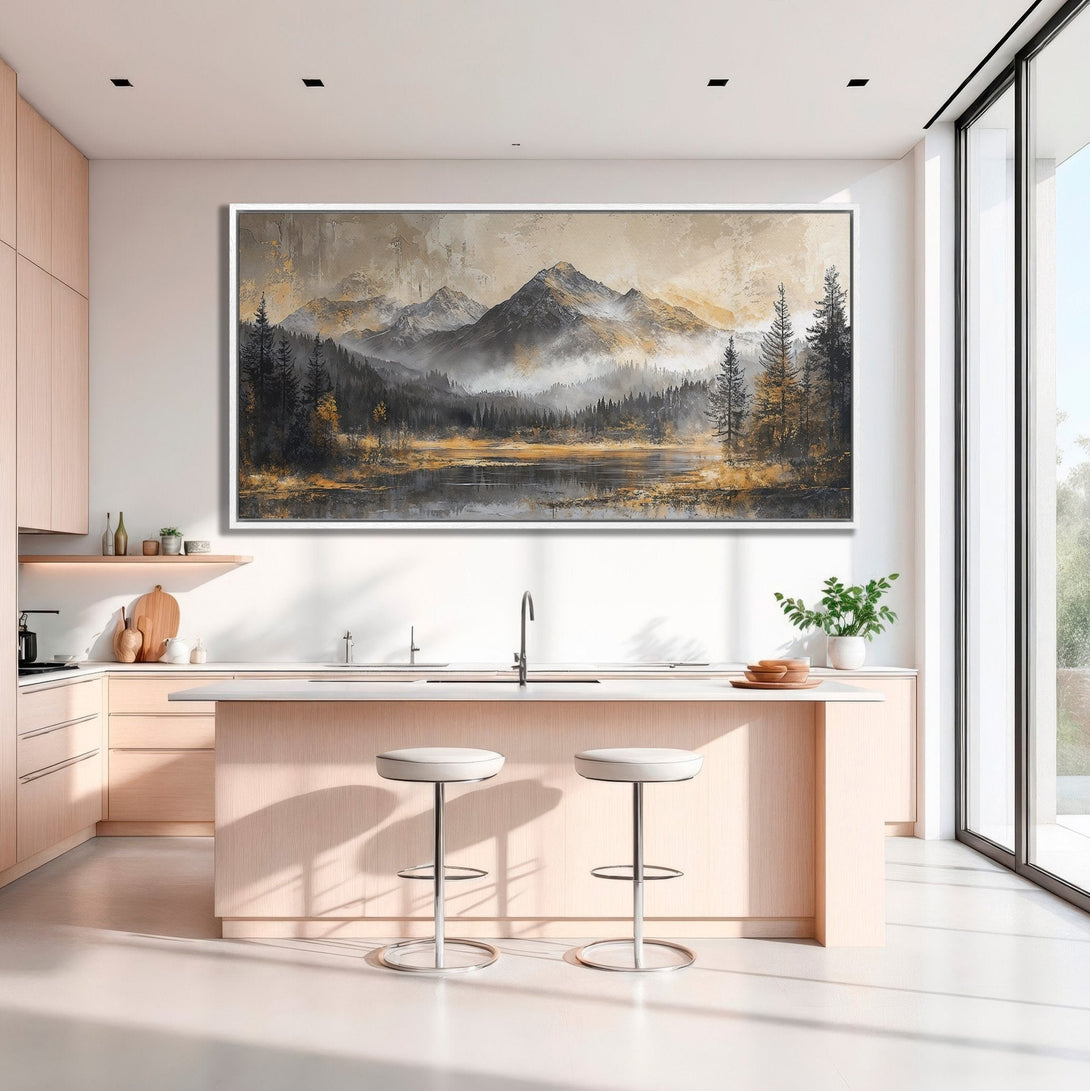 Framed Wall Art: Mountain landscape canvas print in a modern kitchen. Features a moody, abstract style with gold, gray, and black hues. Elevate your space!