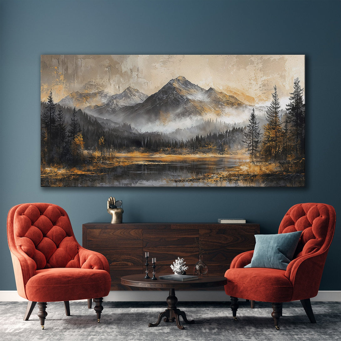 Framed Wall Art: Stunning landscape Canvas Print featuring mountains, forest, and lake in a warm, neutral color palette. Elevate your space with serene art.