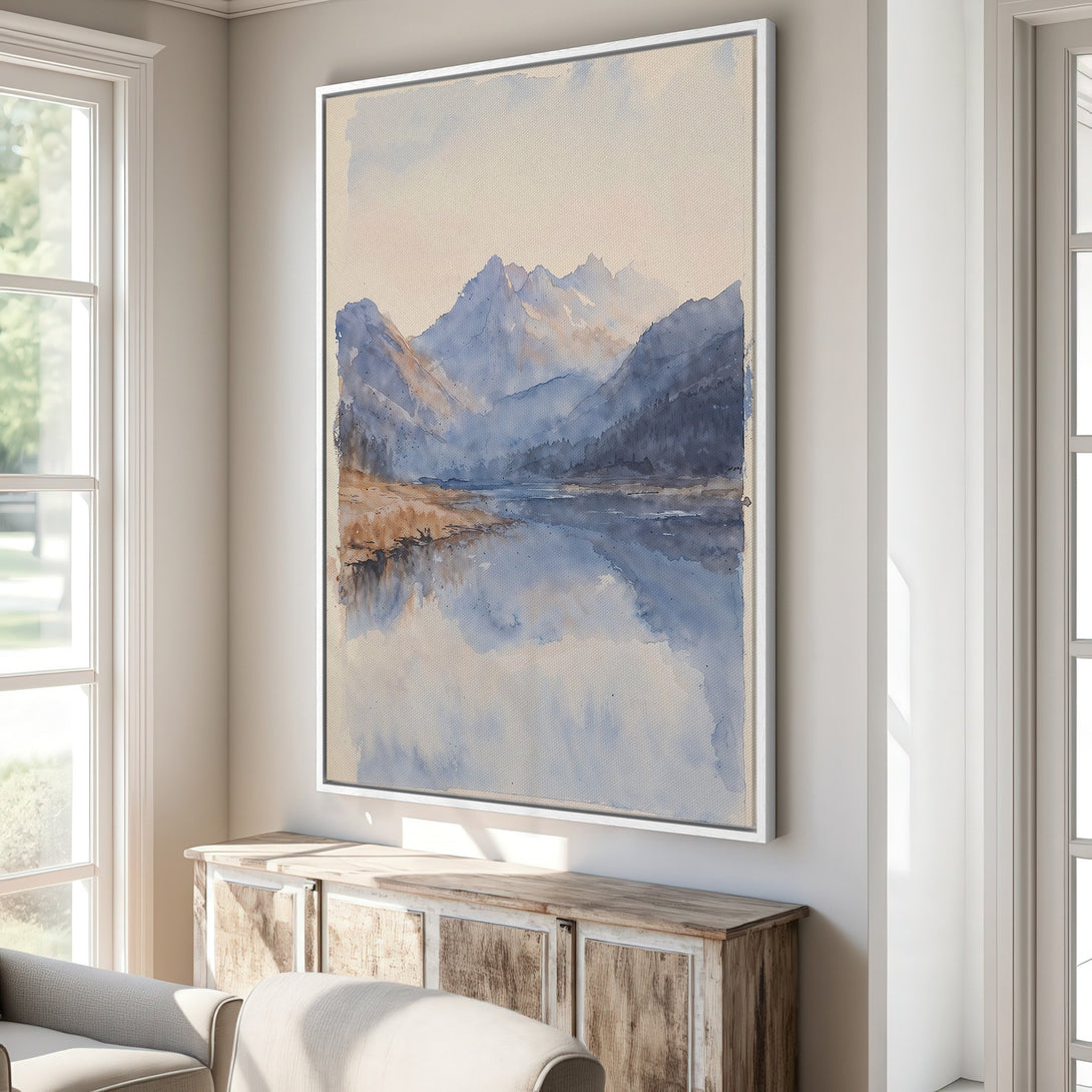 Framed Wall Art: Watercolor mountain landscape in blue and beige tones. Perfect for adding a touch of serene beauty to your home decor.