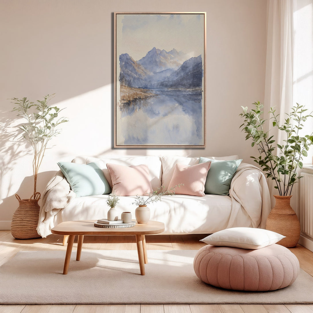 Framed Wall Art of watercolor mountain landscape in a serene interior. Soft blues, pinks, and neutrals create a calming, stylish vibe.