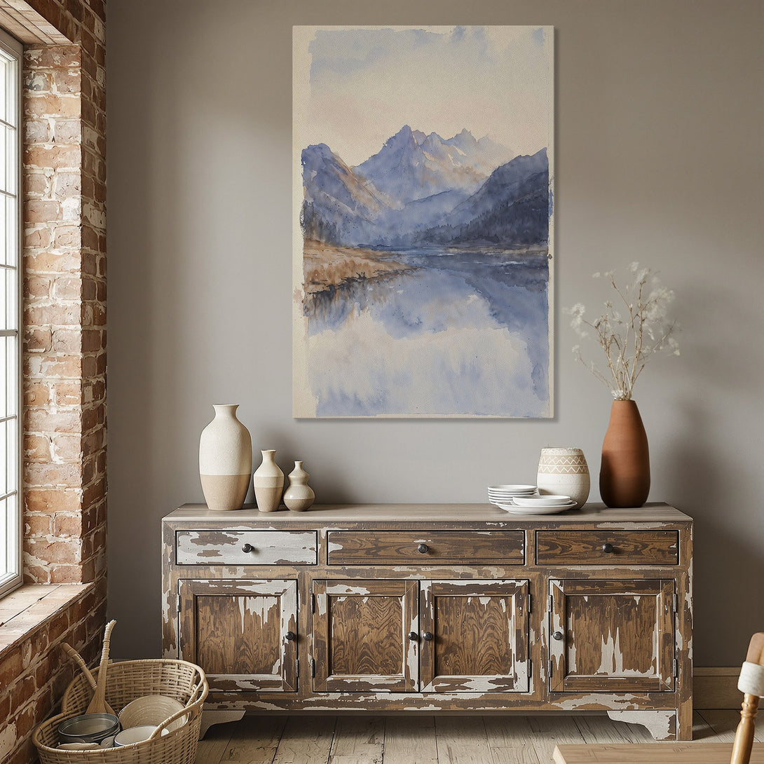 Framed Wall Art: Watercolor mountain landscape in blue & beige tones. Perfect for adding a touch of serenity to your dining room decor. Shop now!