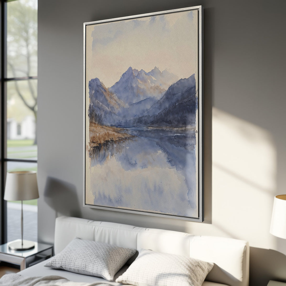 Framed Wall Art: Watercolor landscape Canvas Print in blue and beige tones. Modern art for serene bedroom decor. Shop now!