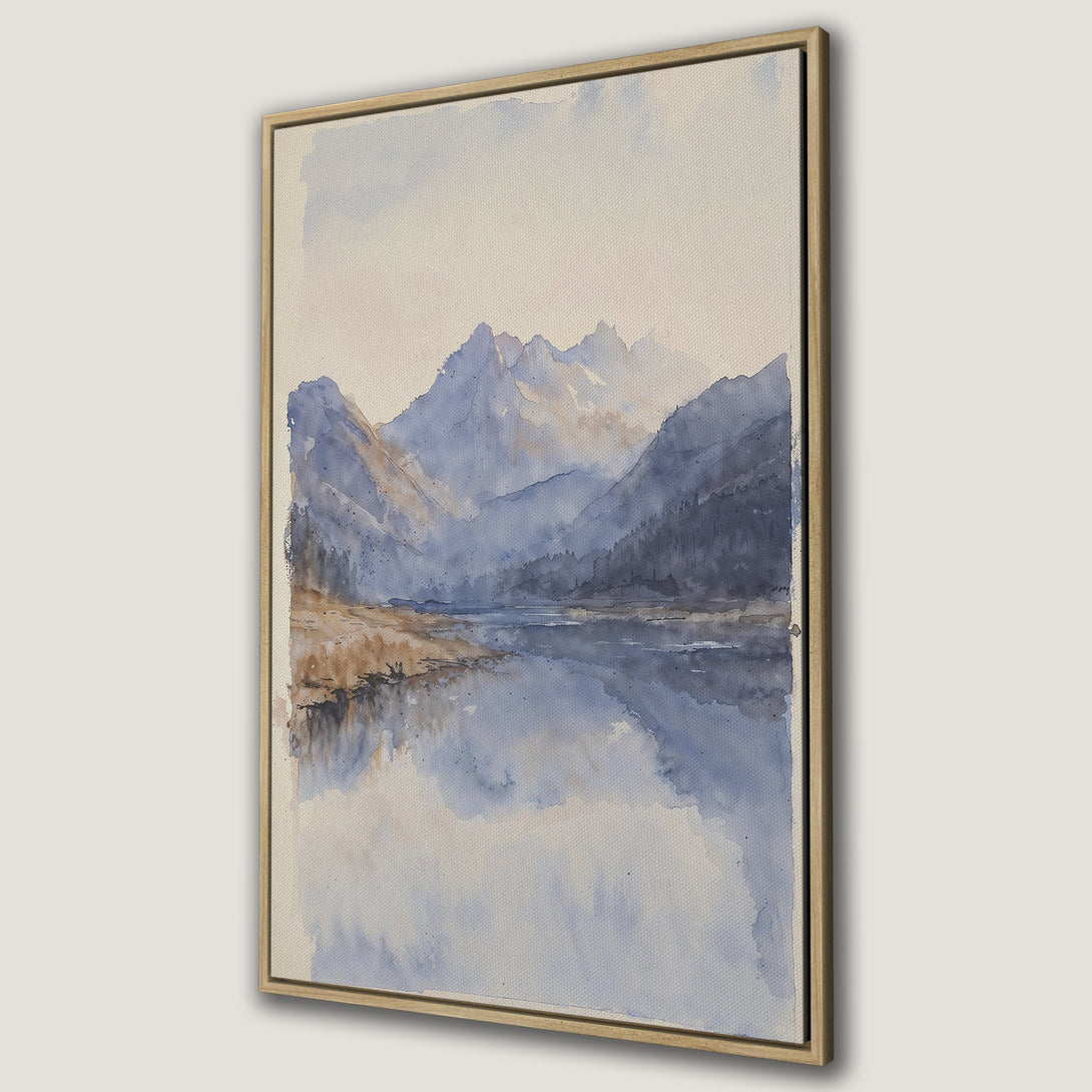 Framed Wall Art: Watercolor landscape Canvas Print featuring mountains and a lake in calming blue and beige tones. Perfect for adding serenity to any room.