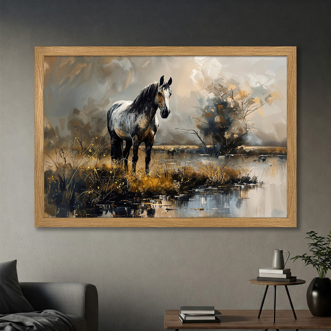 Framed Poster featuring a majestic horse in a painterly style with a neutral color palette. Perfect wall art for any space.