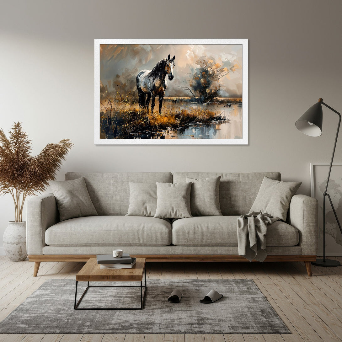 Framed Poster featuring a majestic horse, painted in an impressionistic style with a neutral color palette. Perfect art for your home!