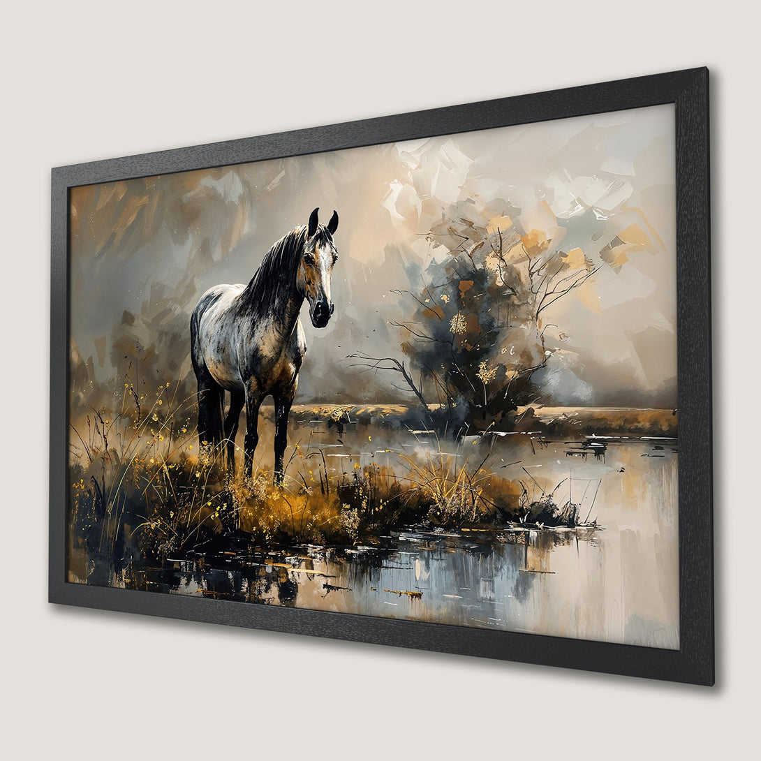 Framed Poster: Majestic horse art print in neutral tones. Perfect wall decor for a modern home, featuring an abstract painting style.