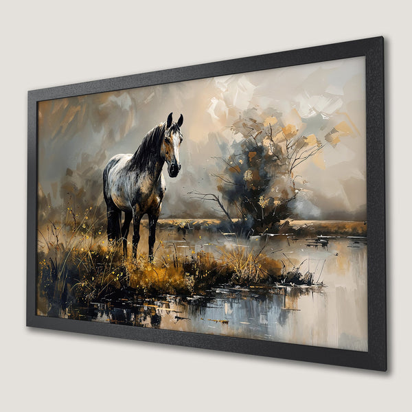 Framed Poster: Majestic horse art print in neutral tones. Perfect wall decor for a modern home, featuring an abstract painting style.