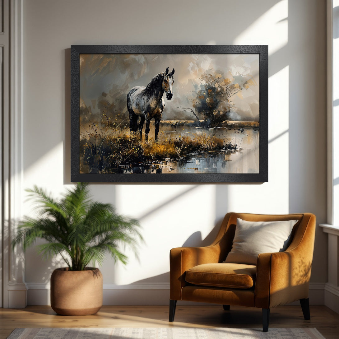 Framed Poster featuring a majestic horse in an impressionistic style with a neutral and earthy color palette. Decorate your home with art!