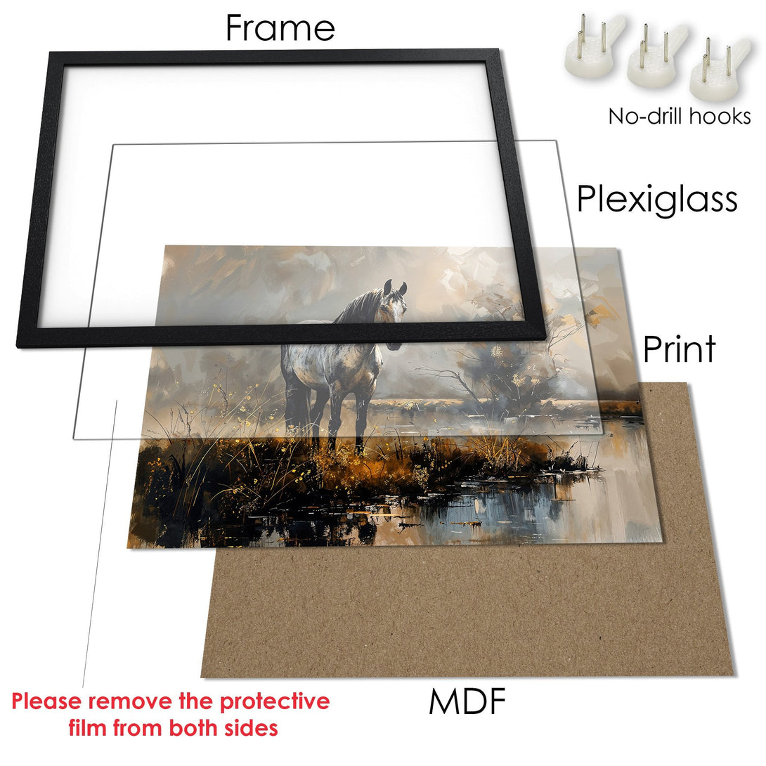 Framed Poster featuring a majestic horse in an impressionistic style with a neutral, earthy color palette. Perfect wall art!