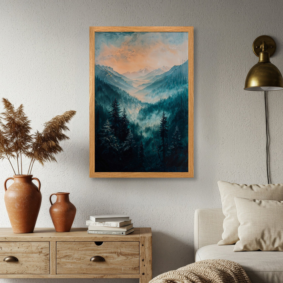 Framed Poster of a serene mountain landscape in teal and orange tones, perfect for adding a touch of nature to your home decor.