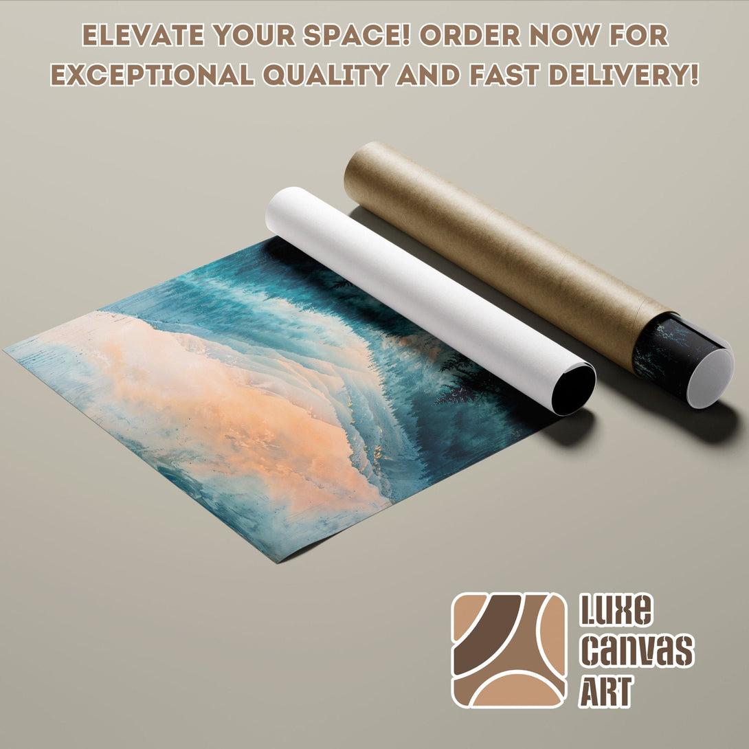 Abstract landscape poster roll in blue, teal, and peach color palette. Order your art today!