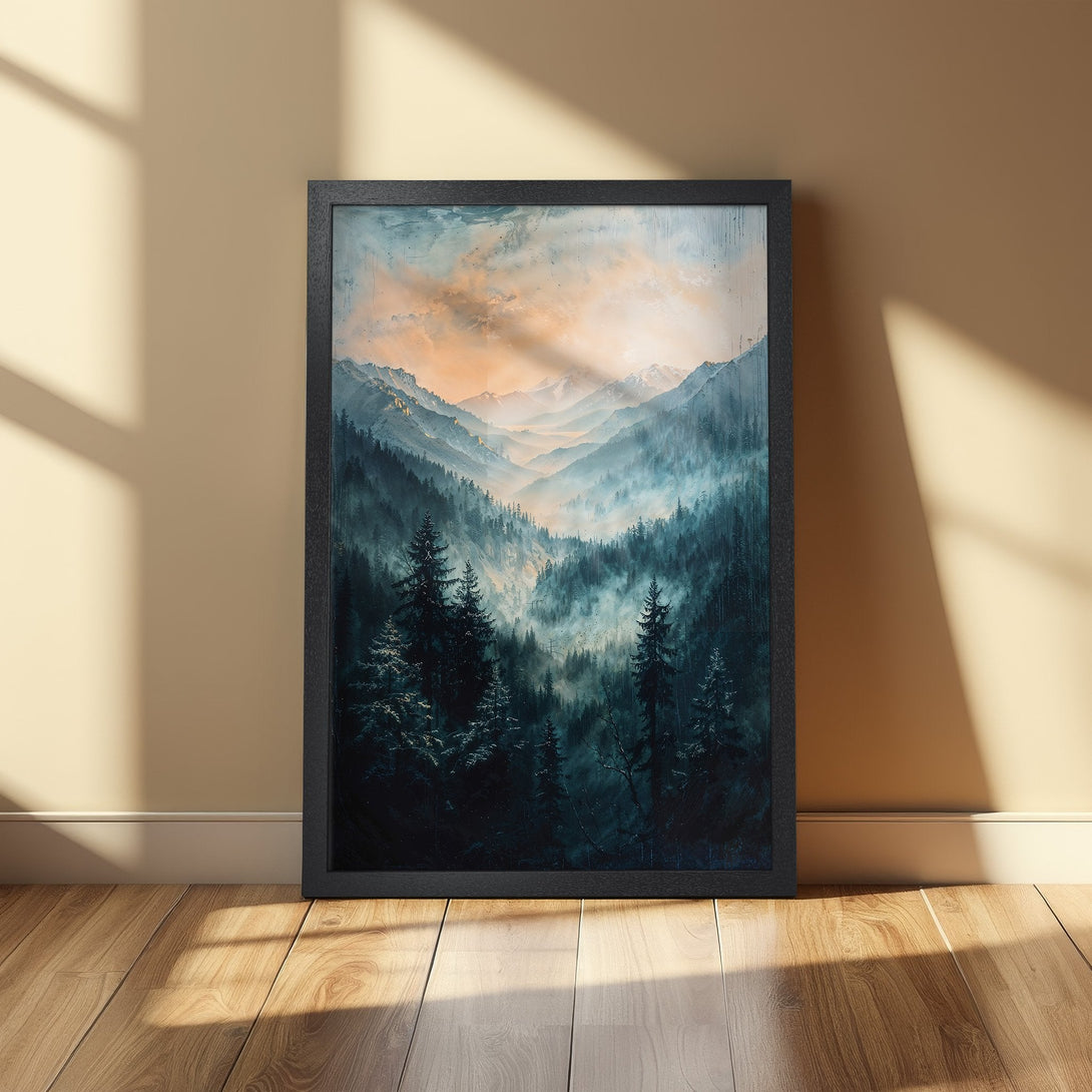 Framed Poster of a misty mountain forest landscape in teal and orange hues. Stunning art print for your home decor.