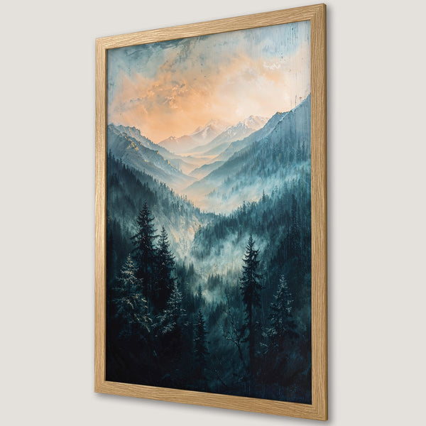 Framed Poster of a misty mountain landscape in cool blue and warm orange hues. Perfect wall art for a nature-inspired home.