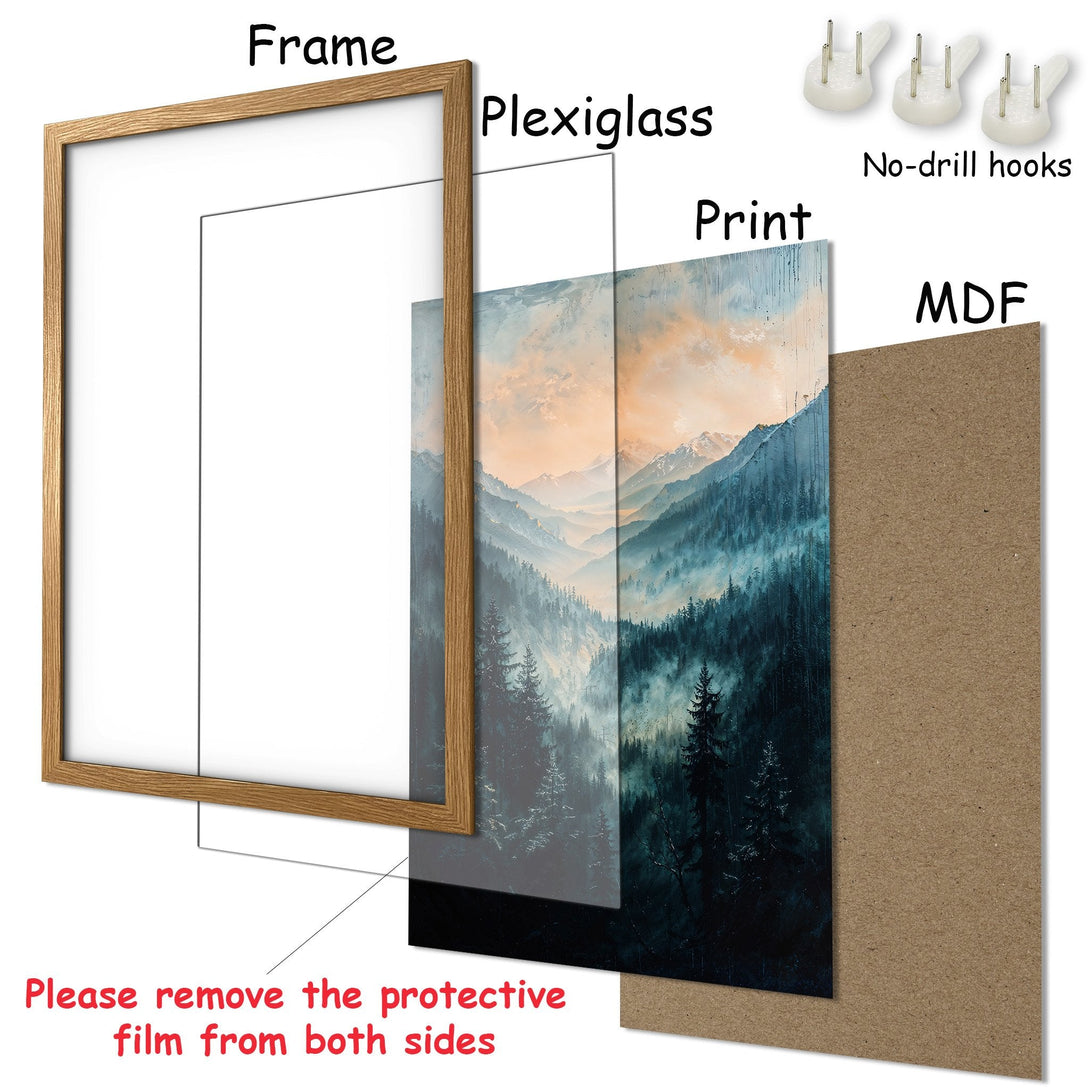 Framed Poster of a mountain landscape in a painterly style with a blue and orange color palette. Ready to hang!