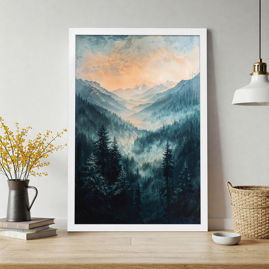 Framed Poster of a serene mountain landscape in a moody, painterly style. Featuring a blue and orange color palette, perfect for home decor.