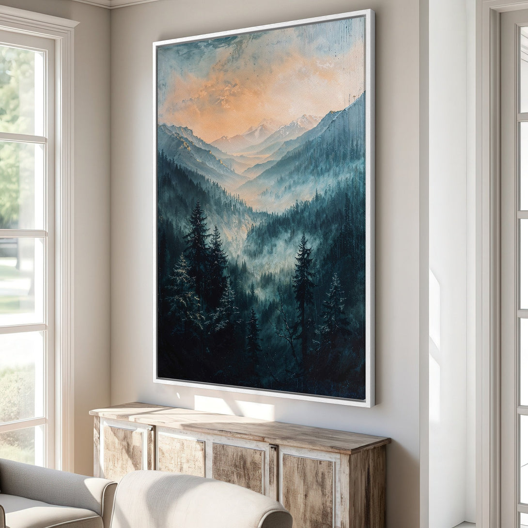 Framed Wall Art: Majestic mountain landscape canvas print in moody blues & oranges. Add a touch of nature-inspired art to your home!