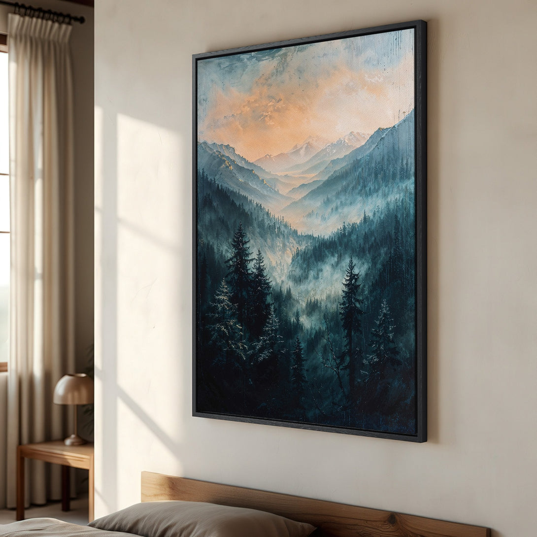 Framed Wall Art: Mountain forest landscape canvas print in teal and gold. Bring nature's beauty indoors! Perfect for bedroom decor.