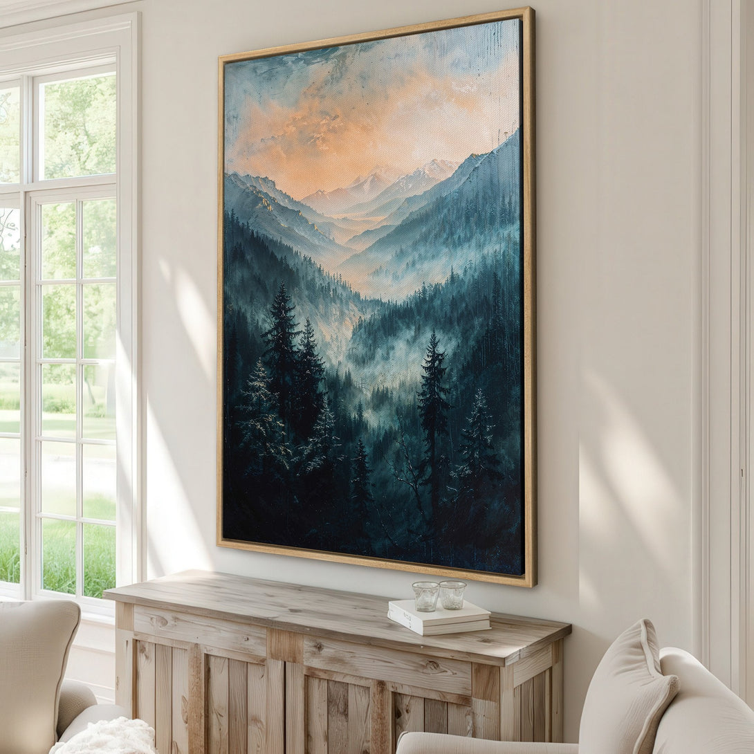 Framed Wall Art: Majestic mountain landscape Canvas Print in teal and gold hues. Bring the beauty of nature into your home with this stunning artwork.