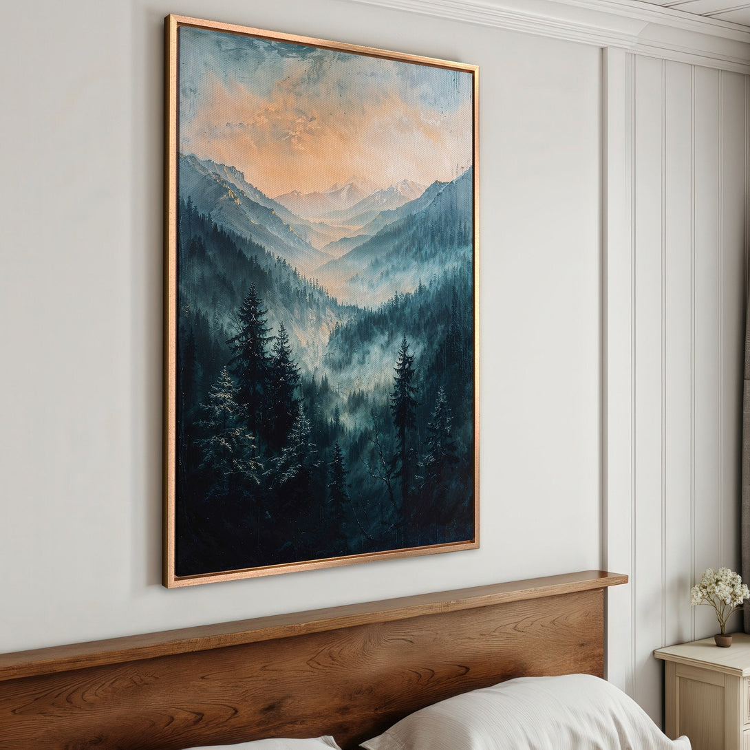 Framed Wall Art: Stunning mountain landscape Canvas Print in teal and gold tones. Elevate your space with this serene, nature-inspired artwork.