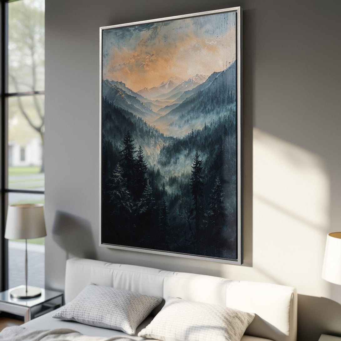 Framed Wall Art: Majestic mountain landscape canvas print in a bedroom. Features a moody blue and orange color palette, adding a touch of nature to your decor.