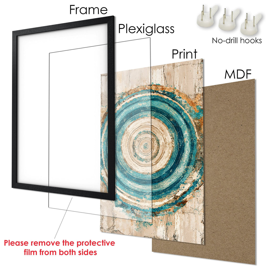 Framed Poster featuring abstract art in teal, beige, and brown tones. Modern wall decor with easy-to-hang frame.