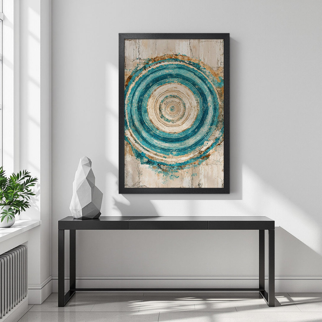 Framed Poster featuring abstract teal and beige artwork, perfect for modern home decor.
