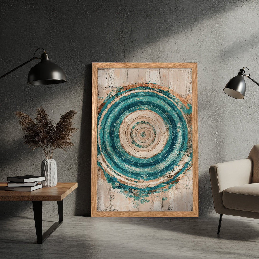 Framed Poster: Abstract art print with teal, beige, and brown color palette. Modern style wall art for home decor.