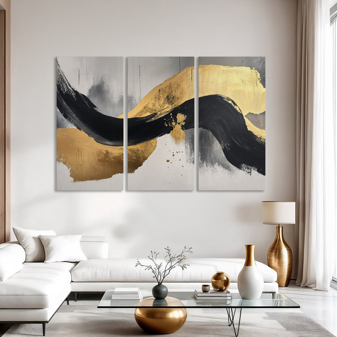 Abstract Canvas Print art with gold, black, and gray brushstrokes. Modern wall decor for a stylish living room.