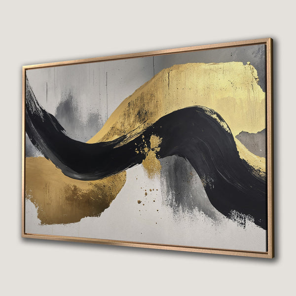 Framed Wall Art: Abstract gold, black, and gray brushstroke design. Modern canvas print for a stylish home. Elevate your space with this unique artwork!